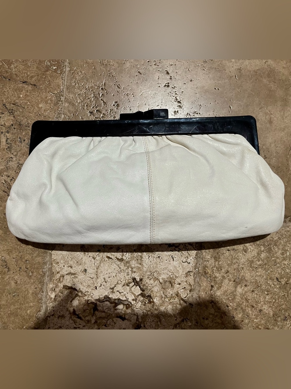 Vintage Ivory Genuine Leather Ruched Clutch Black Frame